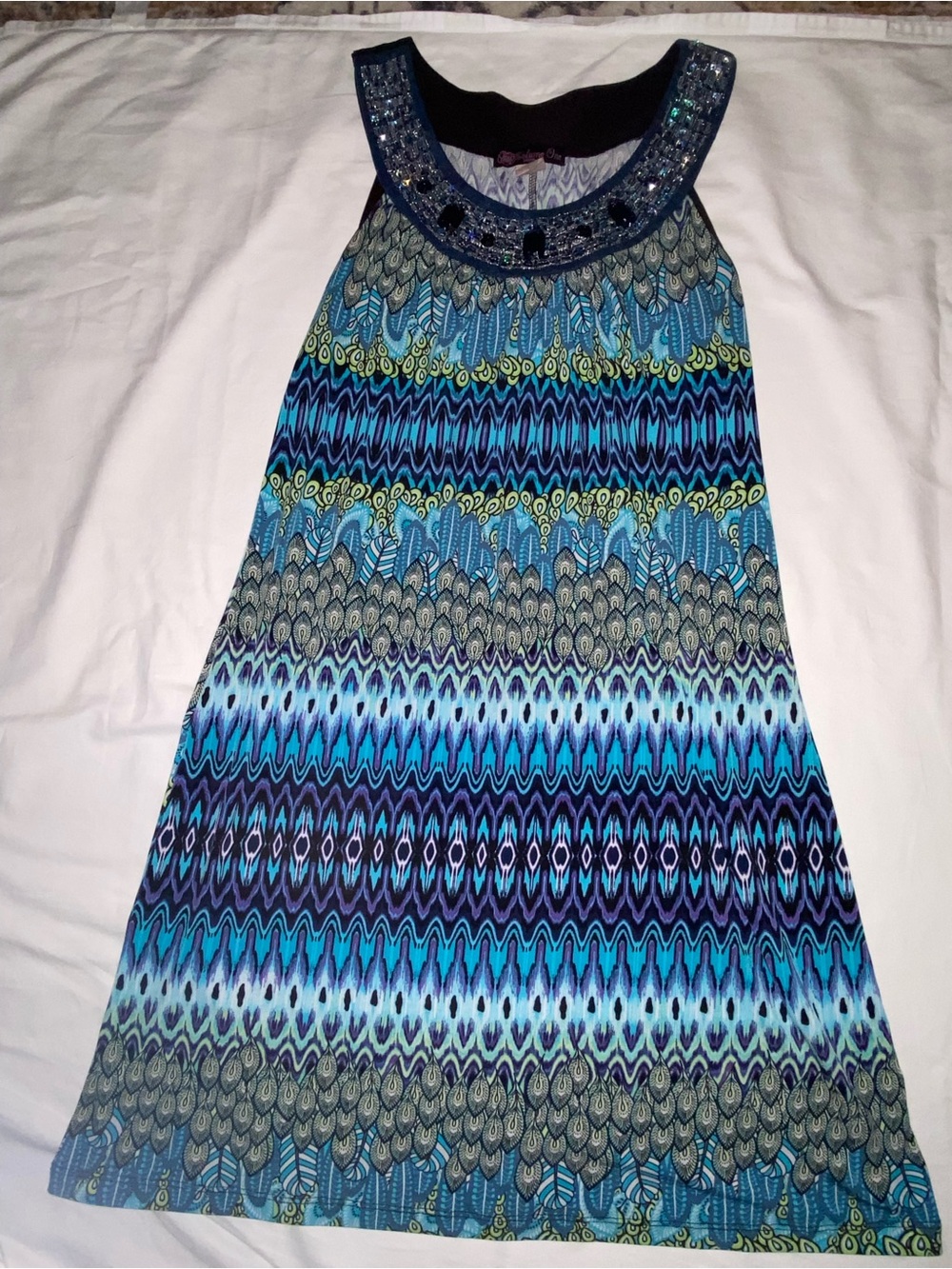 Sleeveless Blue Patterned Midi Dress with Beaded Neckline- CANNOT READ SIZE